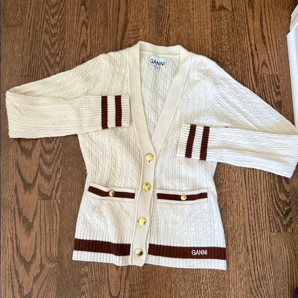 Ganni Ivory Cardigan with Chocolate Stripes